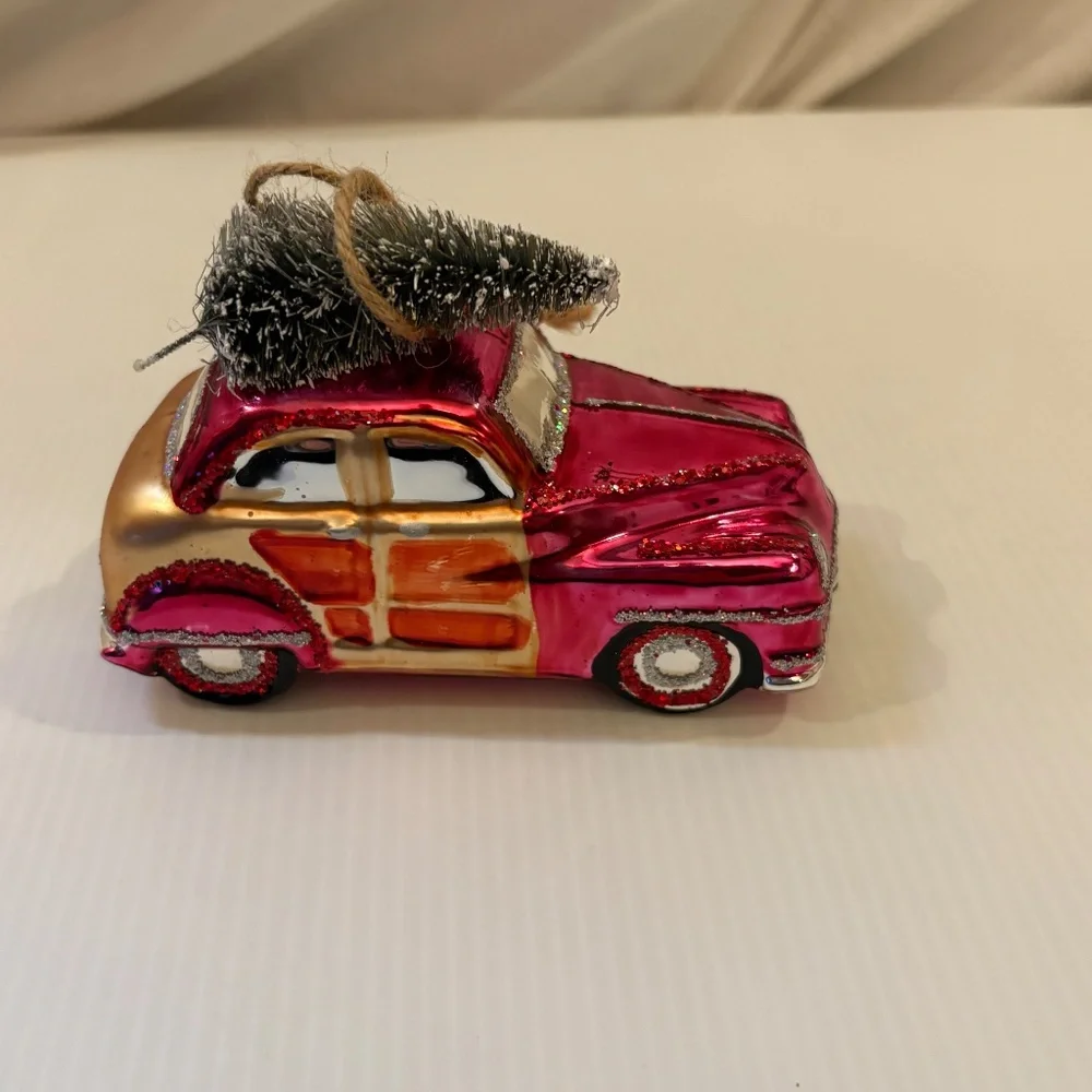 Pottery Barn Mercury Glass Woodie Car w/ Bottle Brush Tree Christmas Ornament